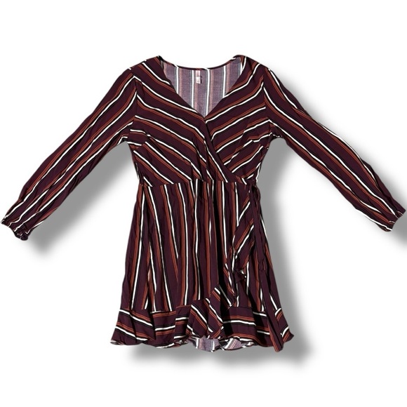 Exhilaration Maroon/Cream Striped Cinch Waist V-Neck Long Sleeve Faux Wrap Dress - Picture 11 of 16